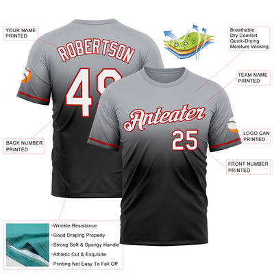 Custom Gray Black-Red Fade Fashion Performance T-Shirt