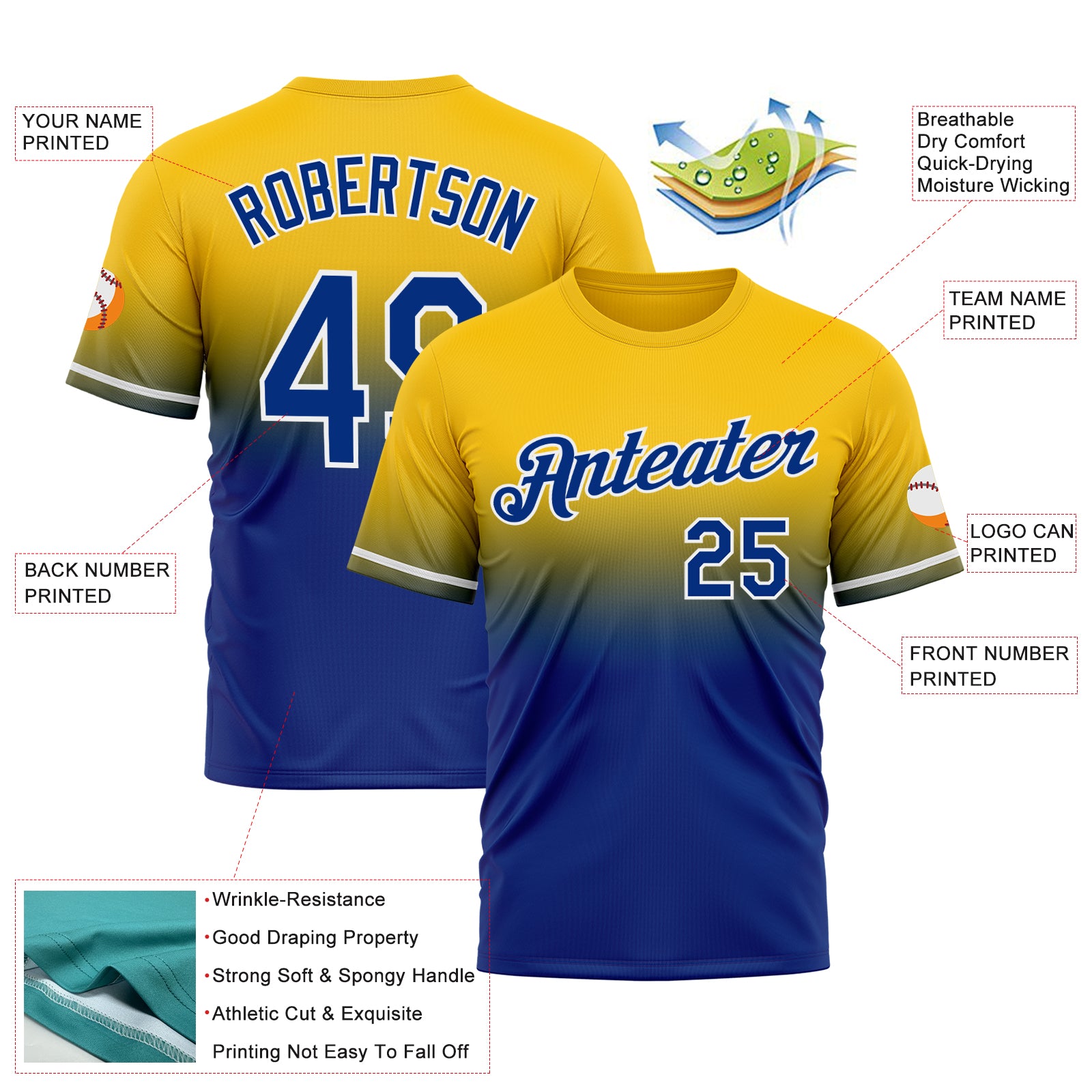 Custom Yellow Royal-White Fade Fashion Performance T-Shirt