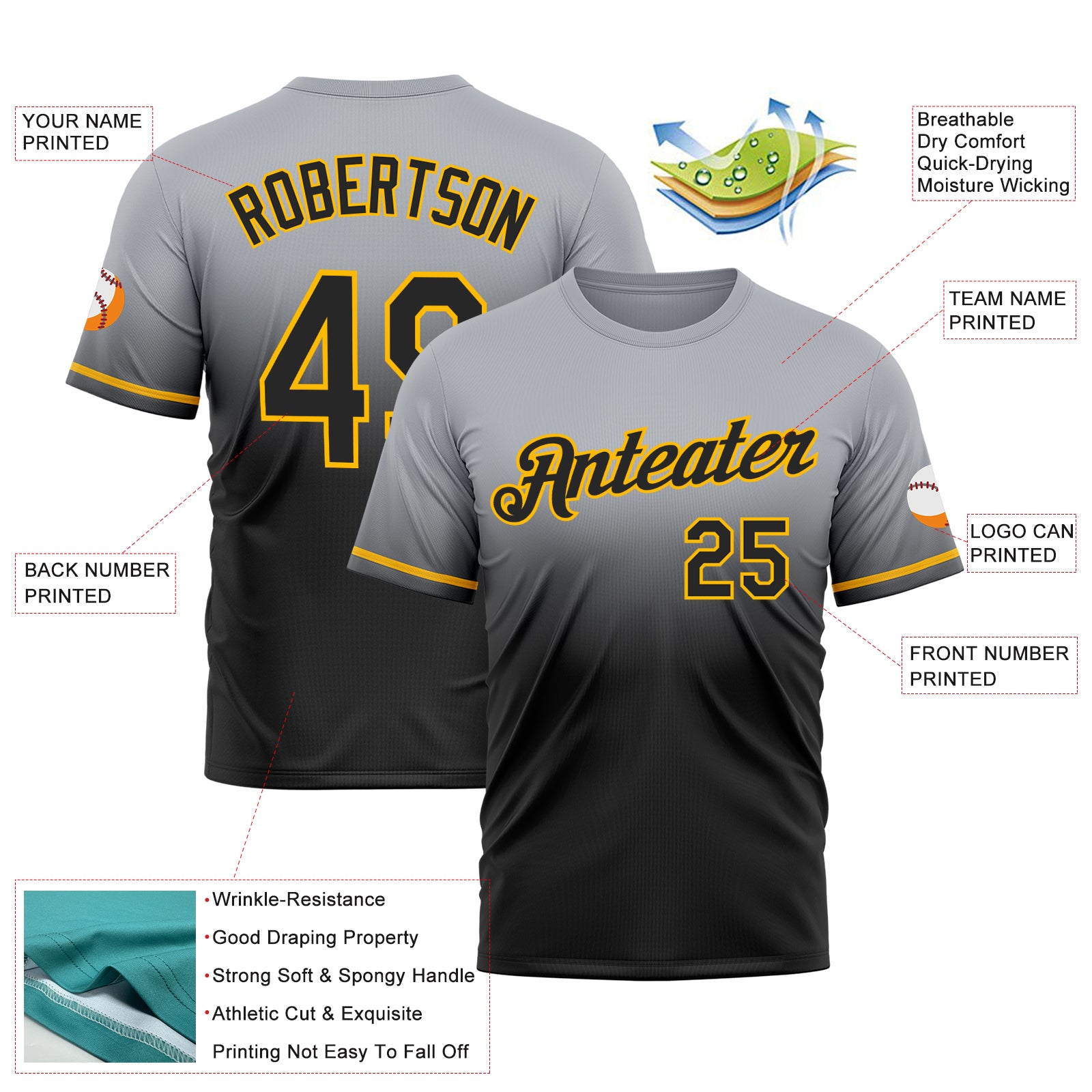 Custom Gray Black-Gold Fade Fashion Performance T-Shirt