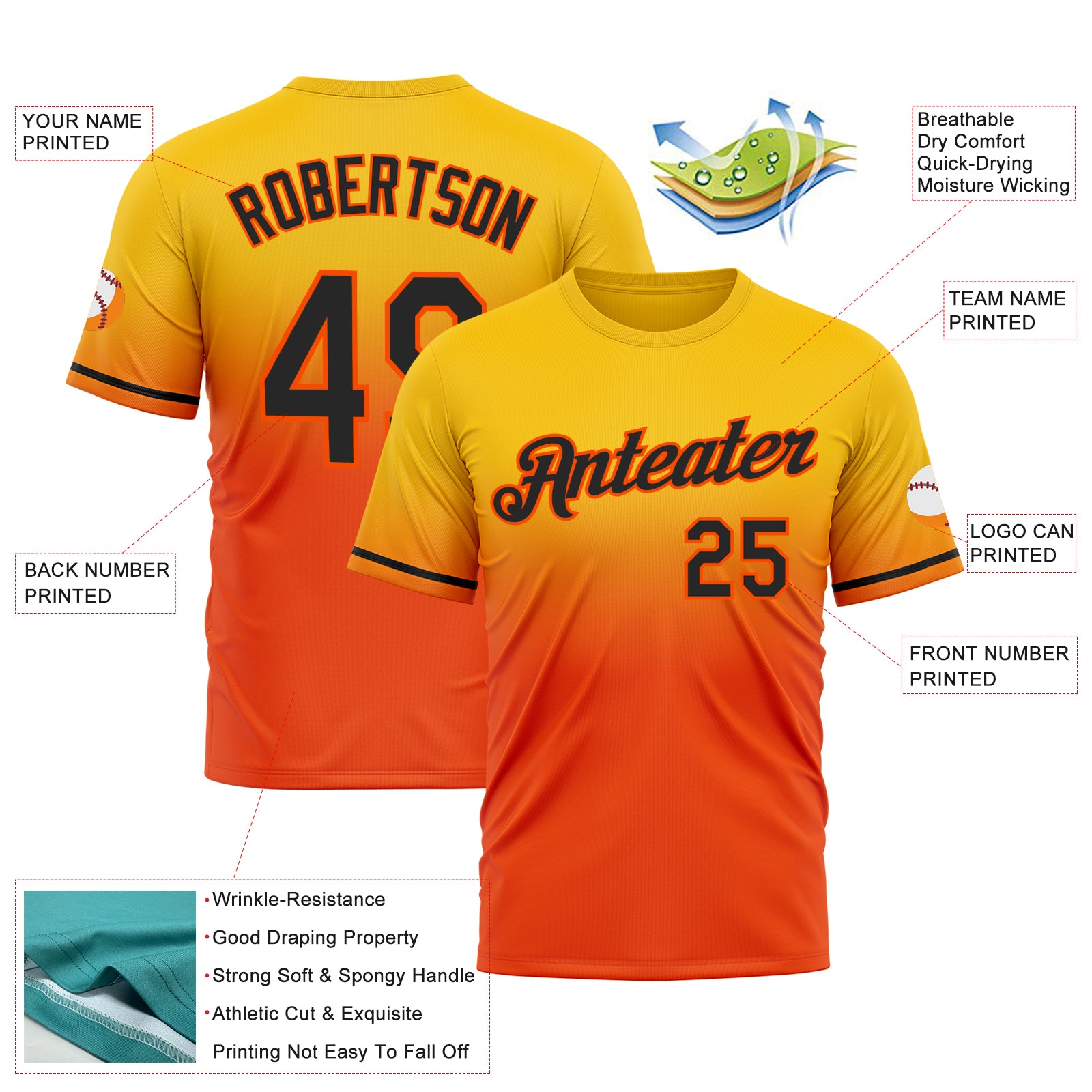 Custom Yellow Black-Orange Fade Fashion Performance T-Shirt