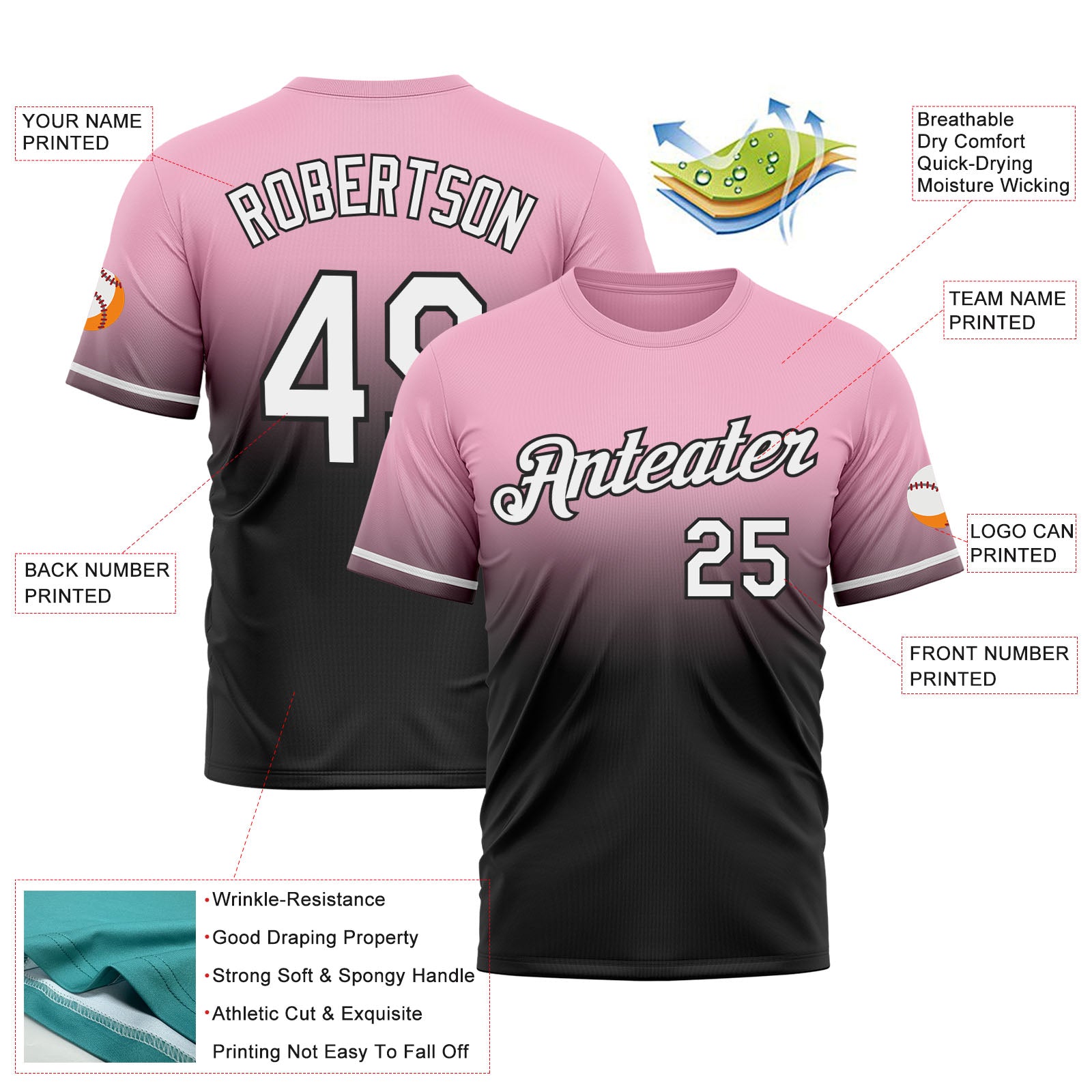 Custom Light Pink White-Black Fade Fashion Performance T-Shirt