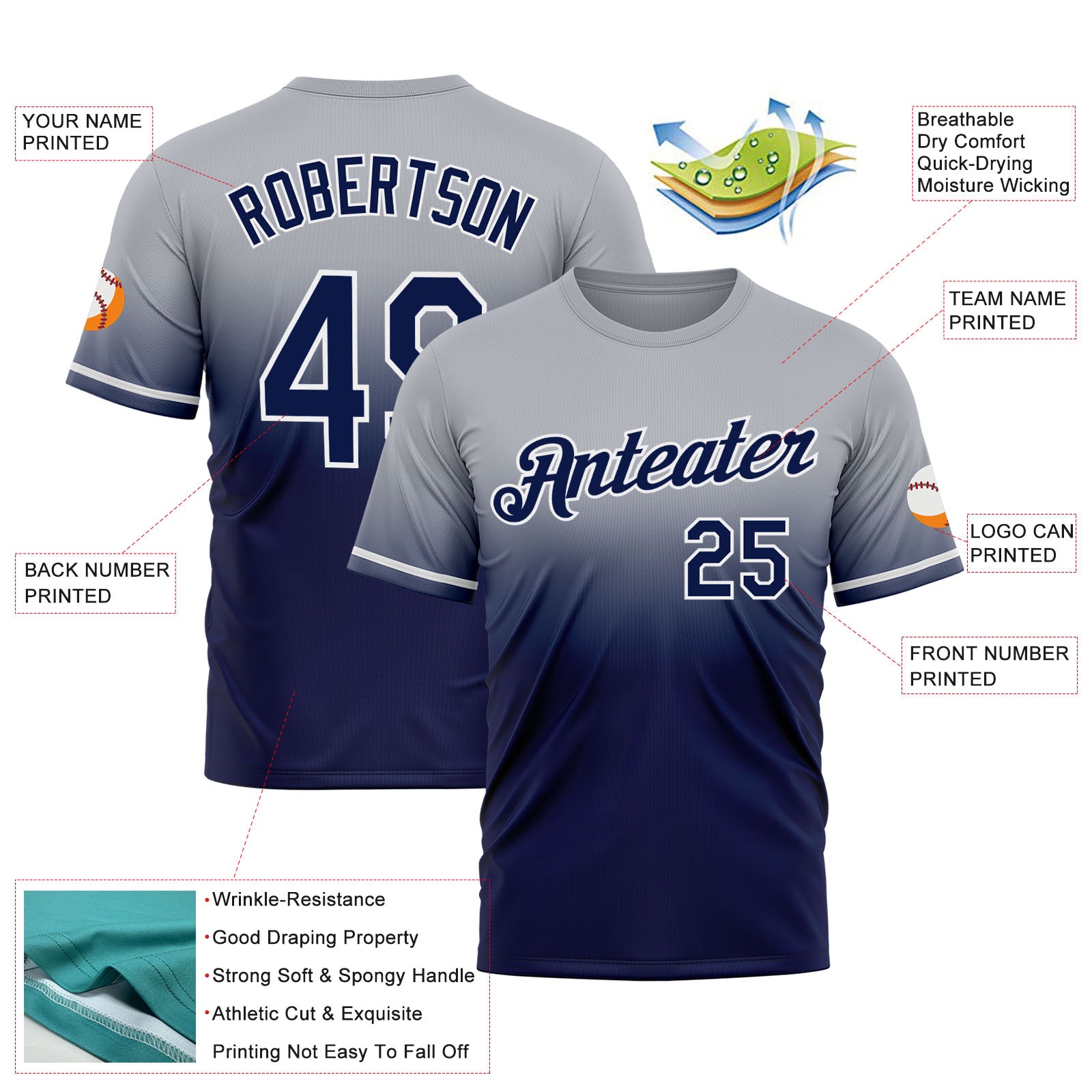 Custom Gray Navy-White Fade Fashion Performance T-Shirt