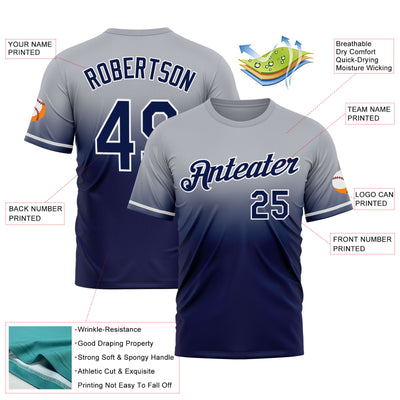 Custom Gray Navy-White Fade Fashion Performance T-Shirt