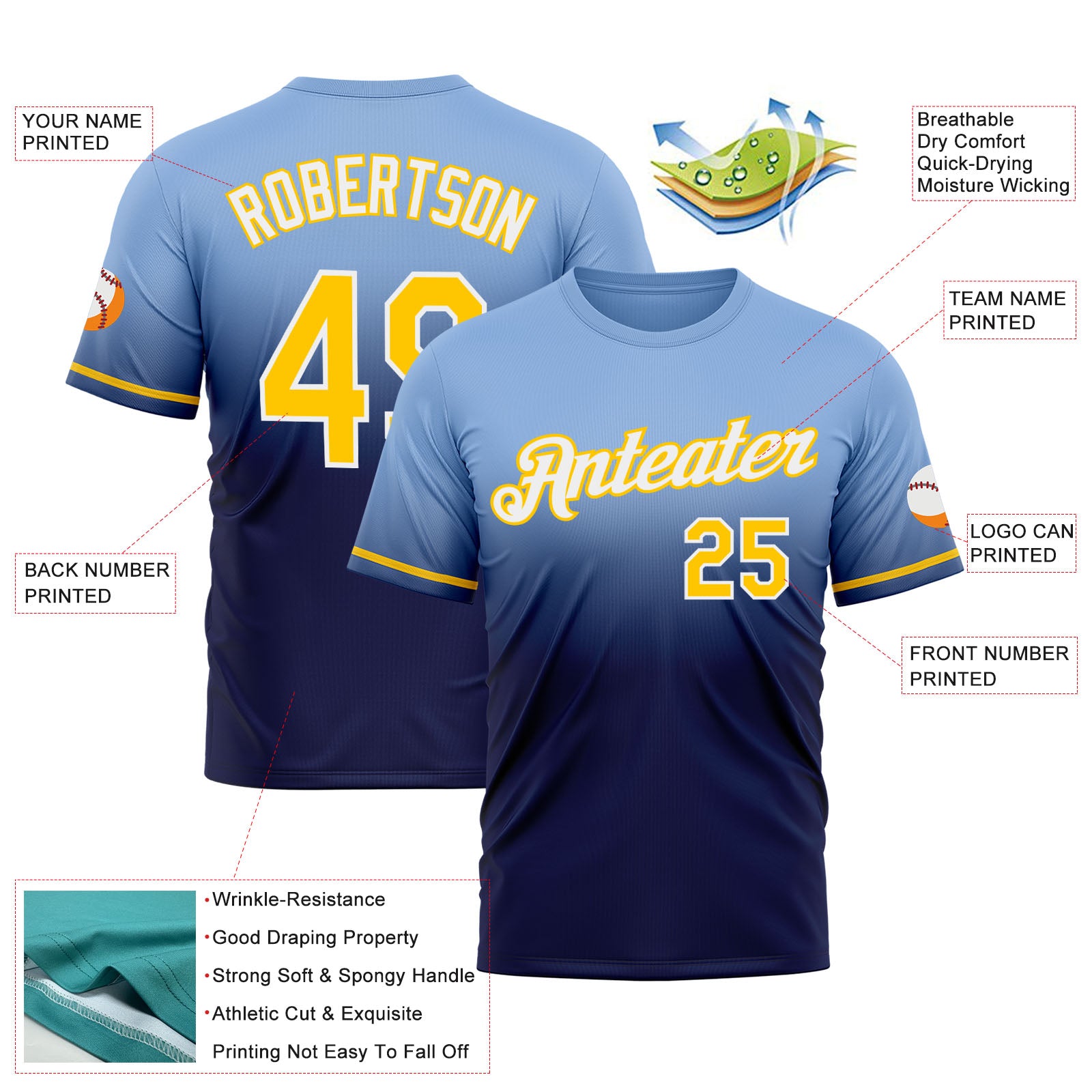 Custom Light Blue Yellow-Navy Fade Fashion Performance T-Shirt