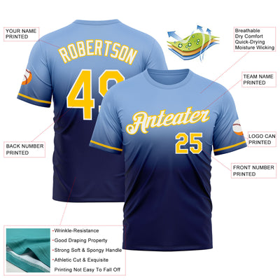 Custom Light Blue Yellow-Navy Fade Fashion Performance T-Shirt