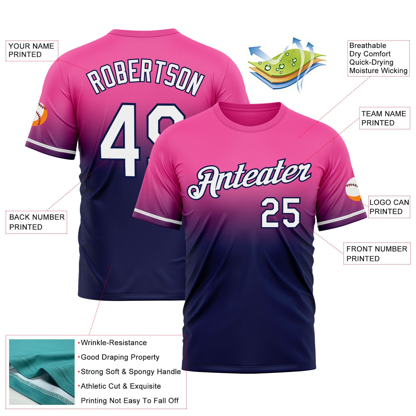 Custom Pink White-Navy Fade Fashion Performance T-Shirt