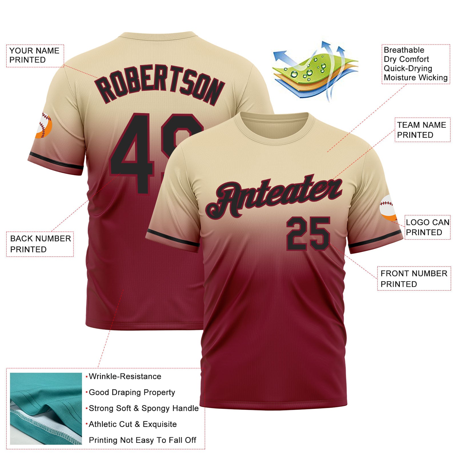 Custom Cream Black-Crimson Fade Fashion Performance T-Shirt