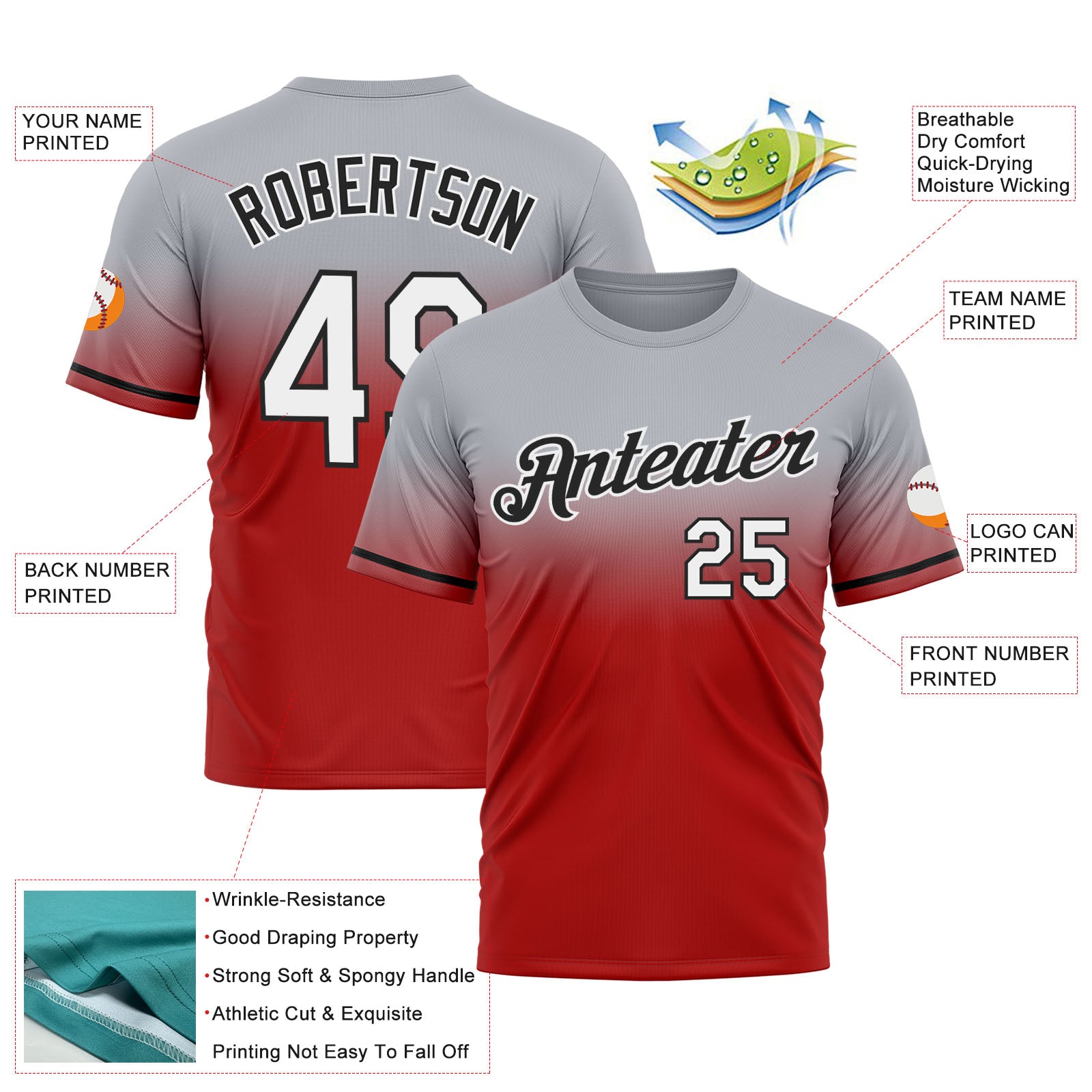 Custom Gray Red-Black Fade Fashion Performance T-Shirt