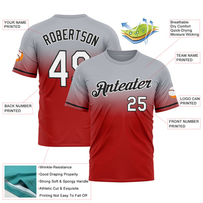 Custom Gray Red-Black Fade Fashion Performance T-Shirt