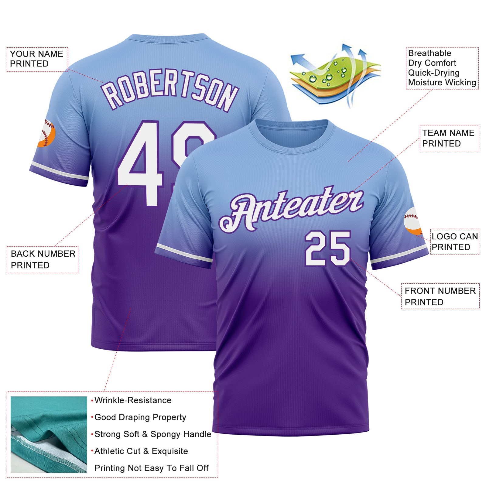 Custom Light Blue White-Purple Fade Fashion Performance T-Shirt