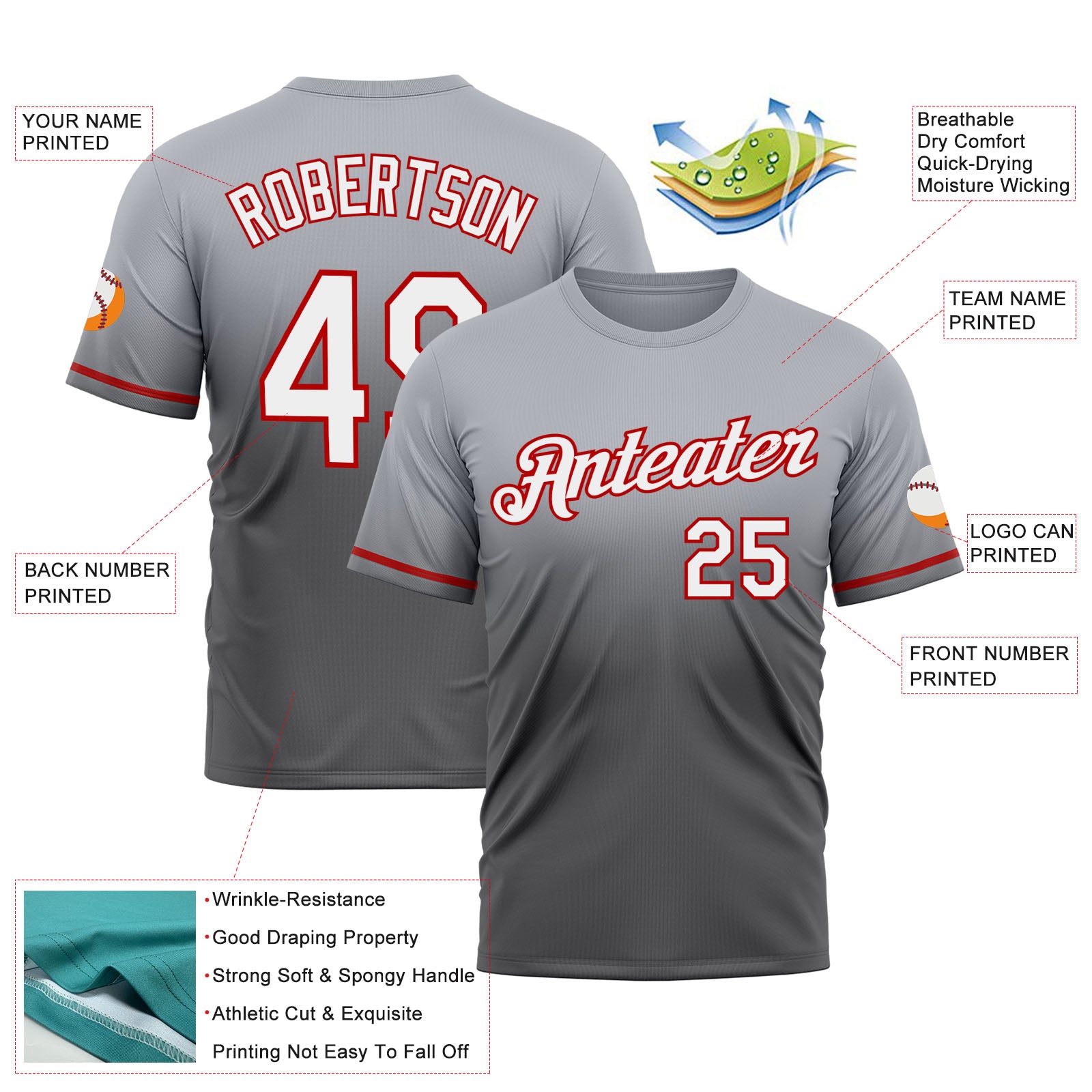 Custom Gray Steel Gray-Red Fade Fashion Performance T-Shirt