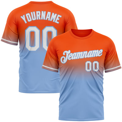 Custom Orange White-Light Blue Fade Fashion Performance T-Shirt