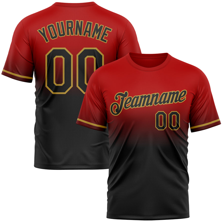 Custom Red Black-Old Gold Fade Fashion Performance T-Shirt