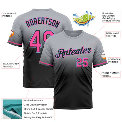 Custom Gray Pink Black-Light Blue Fade Fashion Performance T-Shirt