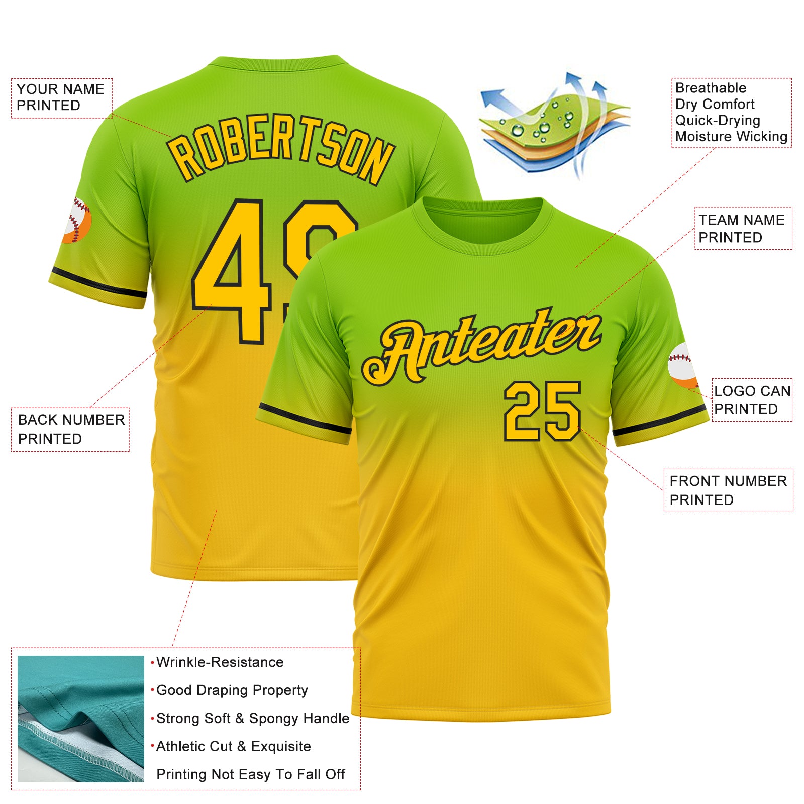 Custom Neon Green Yellow-Black Fade Fashion Performance T-Shirt