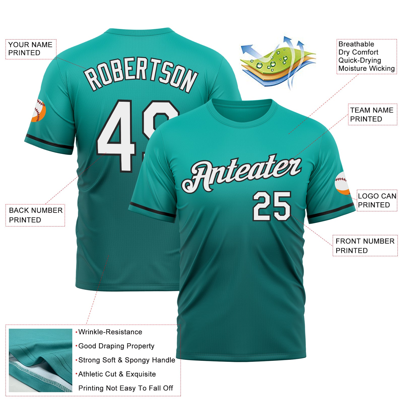 Custom Aqua Teal-Black Fade Fashion Performance T-Shirt