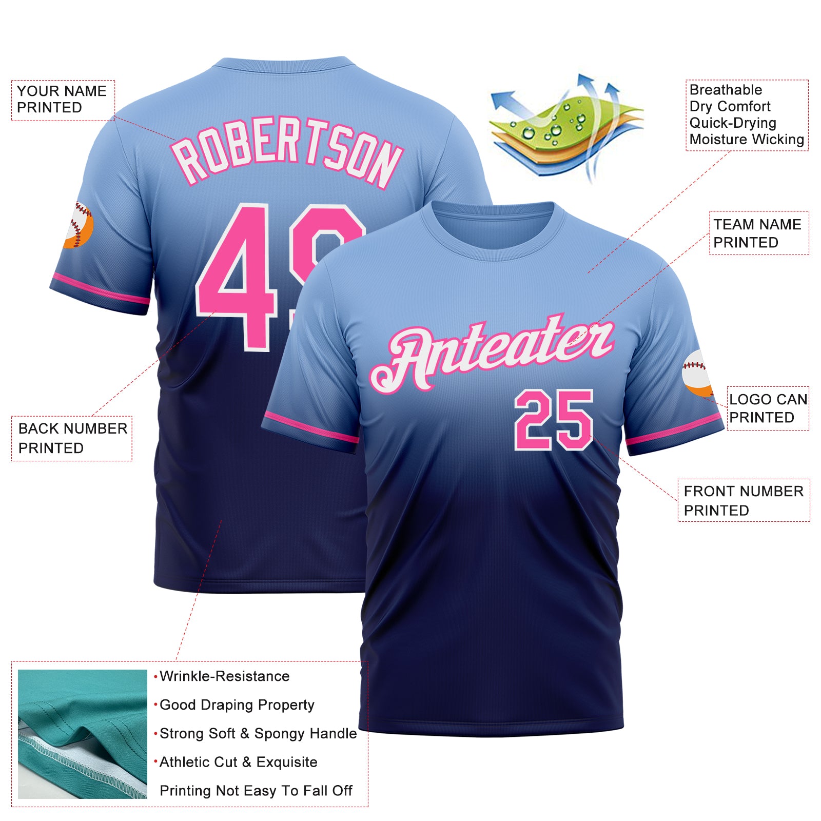 Custom Light Blue Pink-Navy Fade Fashion Performance T-Shirt