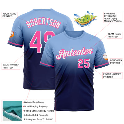 Custom Light Blue Pink-Navy Fade Fashion Performance T-Shirt