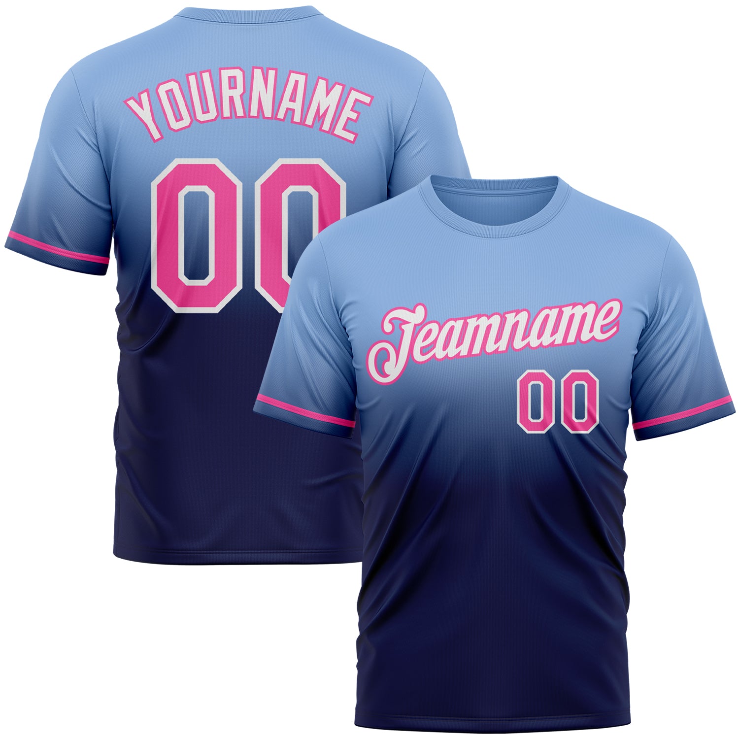 Custom Light Blue Pink-Navy Fade Fashion Performance T-Shirt