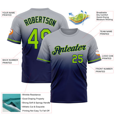 Custom Gray Neon Green-Navy Fade Fashion Performance T-Shirt