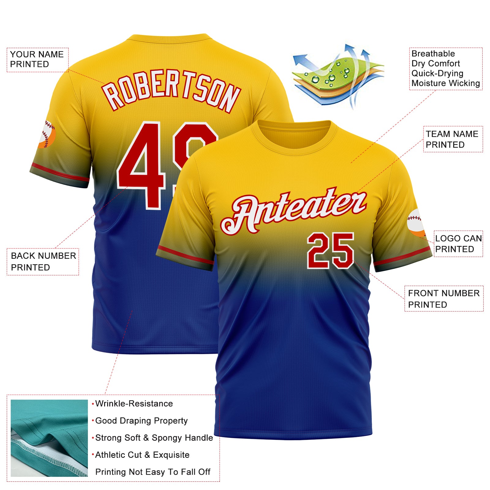 Custom Yellow Red-Royal Fade Fashion Performance T-Shirt