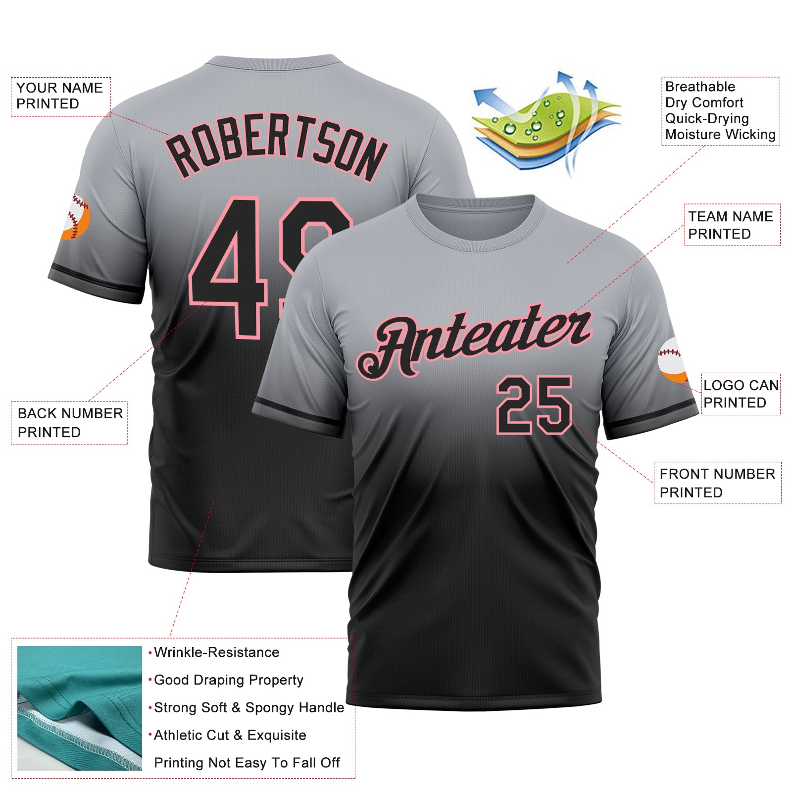 Custom Gray Black-Medium Pink Fade Fashion Performance T-Shirt