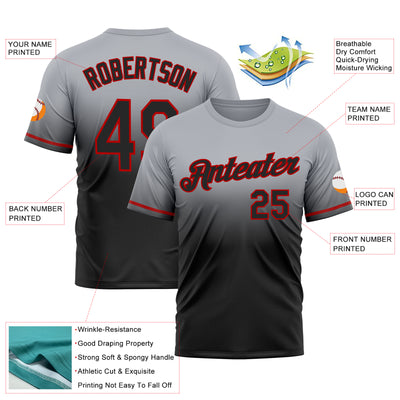 Custom Gray Black-Red Fade Fashion Performance T-Shirt