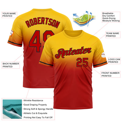 Custom Yellow Red-Black Fade Fashion Performance T-Shirt