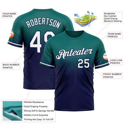Custom Teal White-Navy Fade Fashion Performance T-Shirt