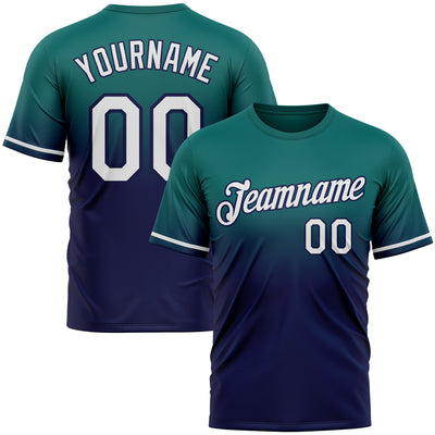 Custom Teal White-Navy Fade Fashion Performance T-Shirt