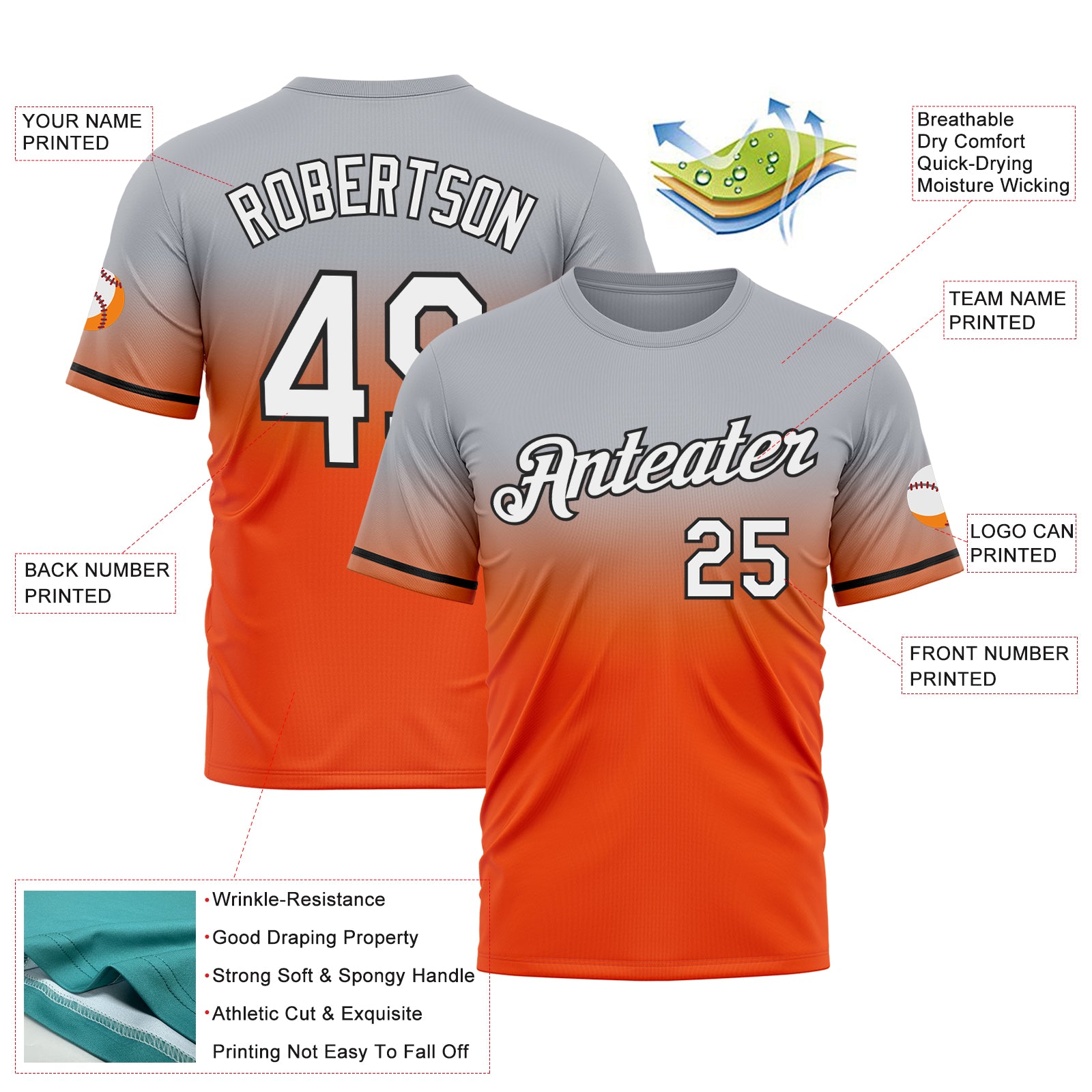 Custom Gray Orange-Black Fade Fashion Performance T-Shirt