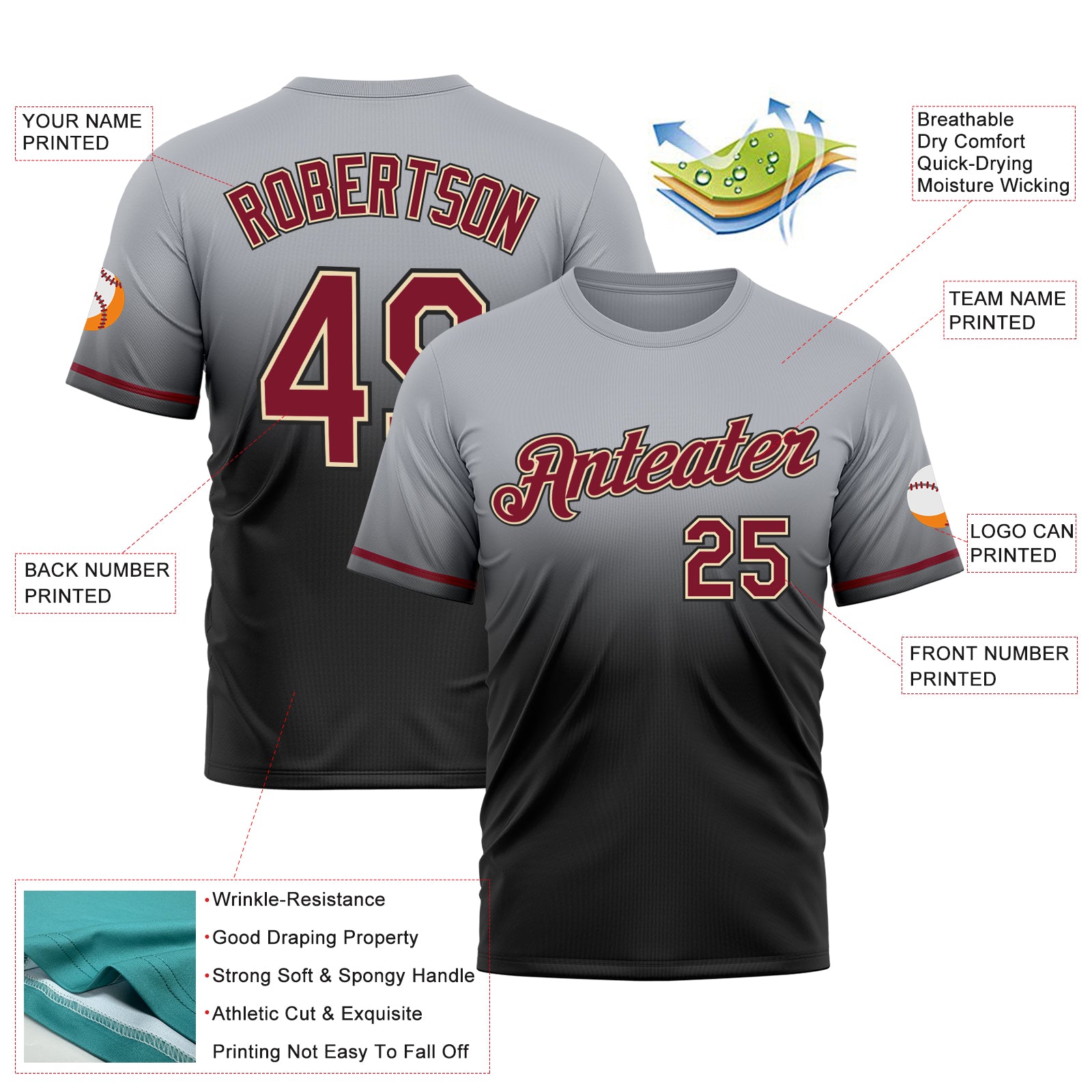 Custom Gray Crimson Black-Cream Fade Fashion Performance T-Shirt