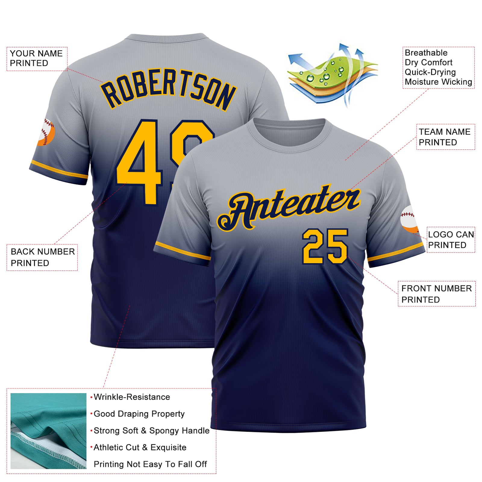 Custom Gray Gold-Navy Fade Fashion Performance T-Shirt