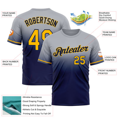 Custom Gray Gold-Navy Fade Fashion Performance T-Shirt