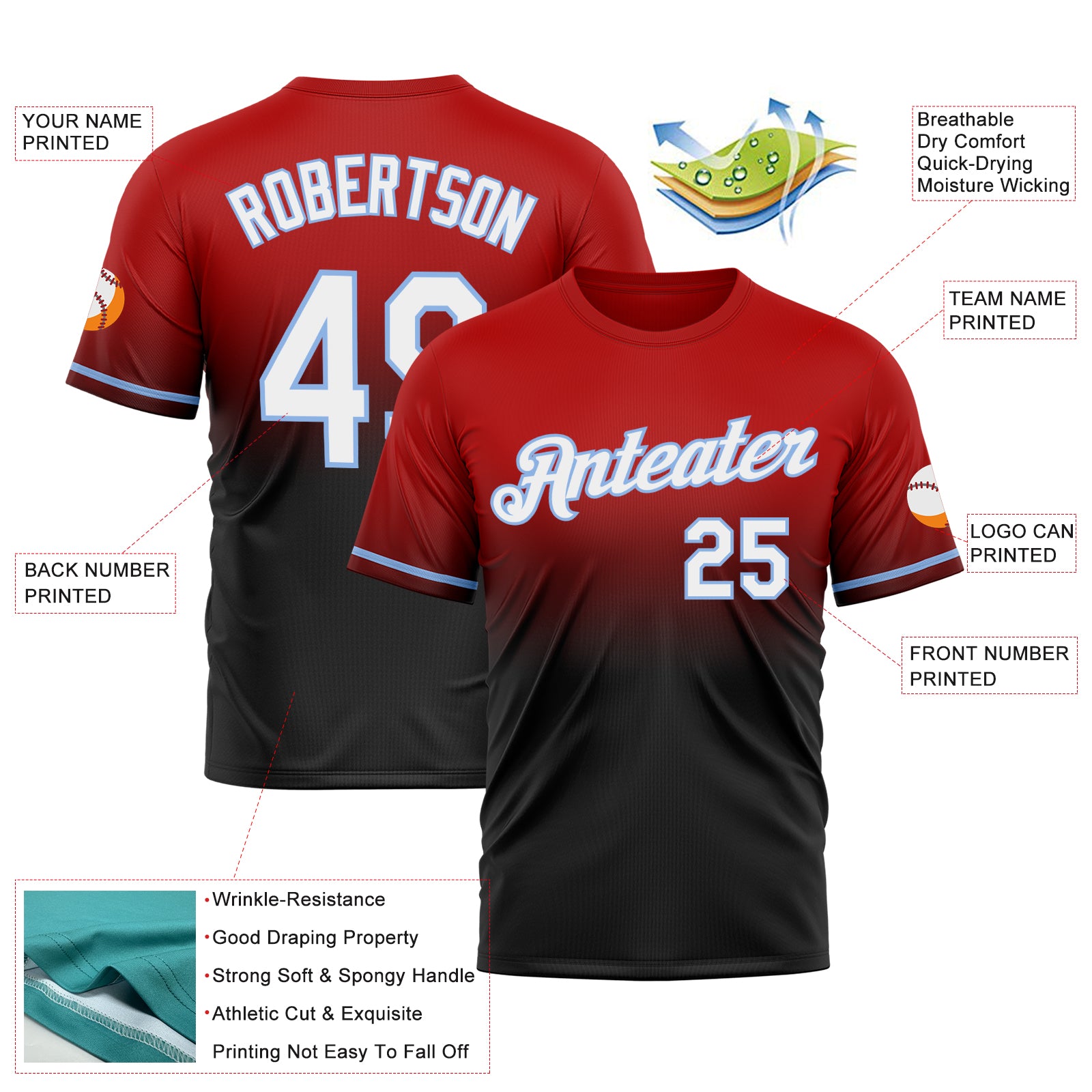 Custom Red Black-Light Blue Fade Fashion Performance T-Shirt