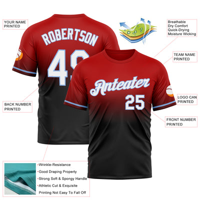 Custom Red Black-Light Blue Fade Fashion Performance T-Shirt