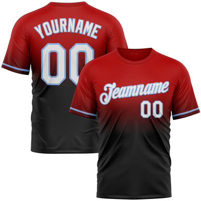 Custom Red Black-Light Blue Fade Fashion Performance T-Shirt