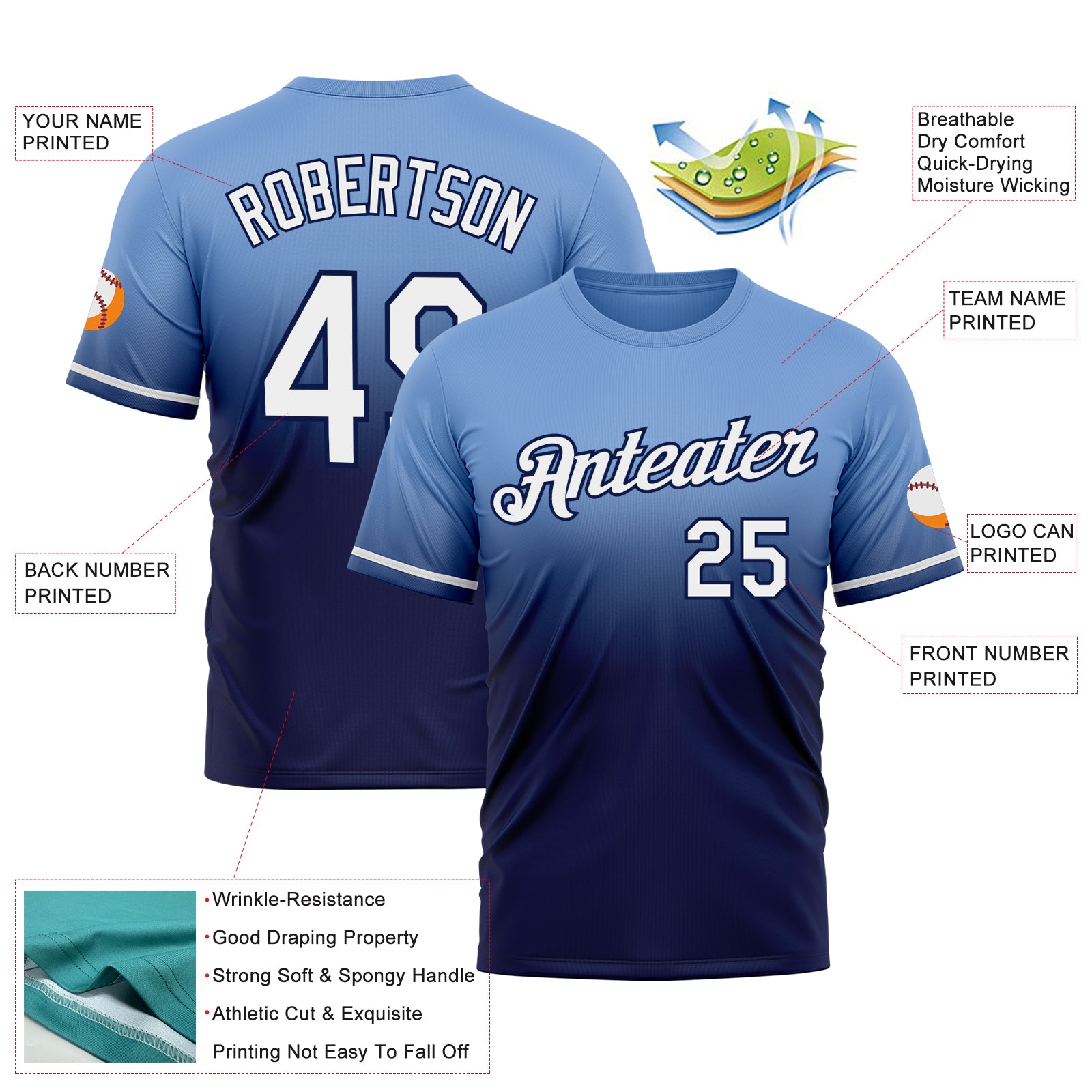 Custom Powder Blue White-Navy Fade Fashion Performance T-Shirt