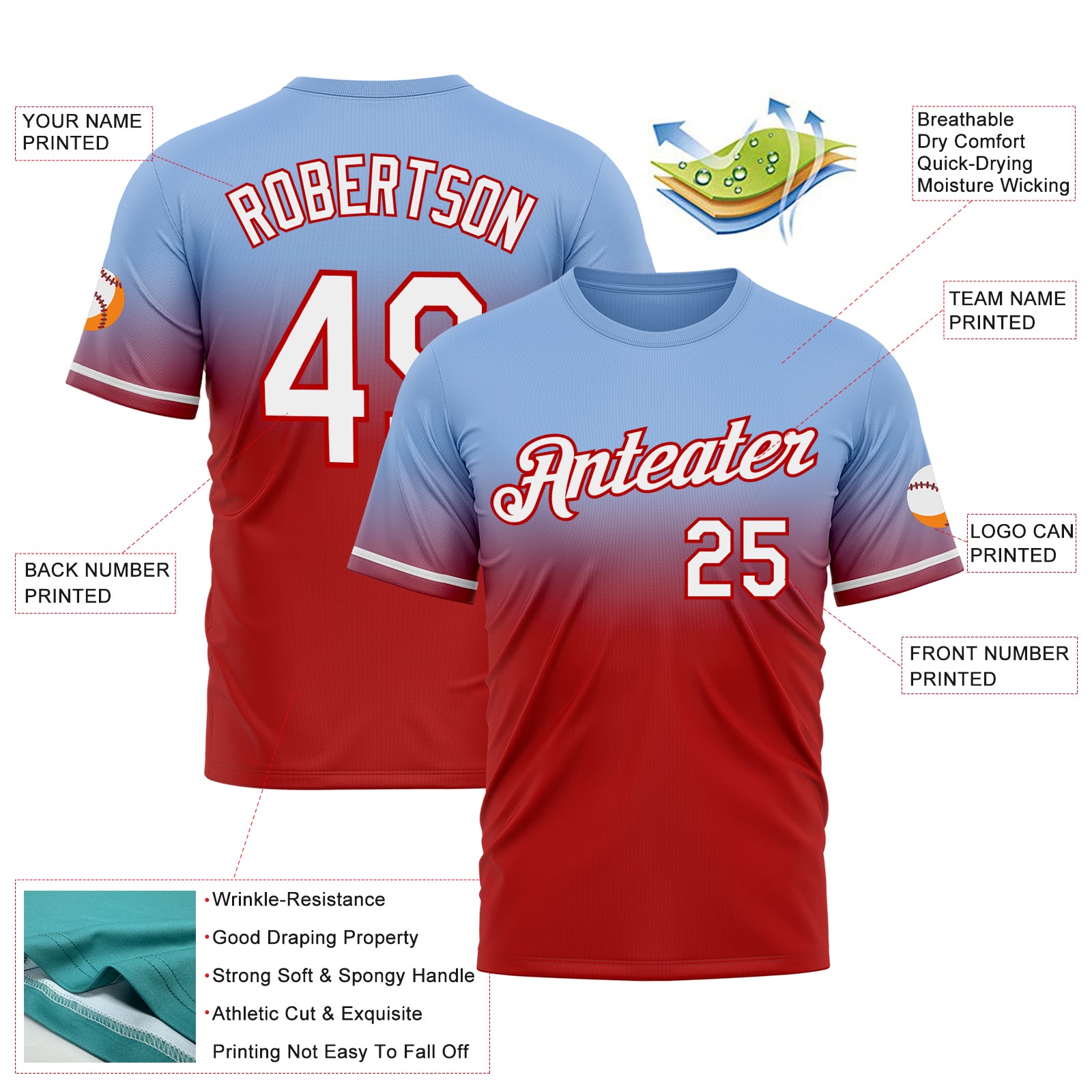 Custom Light Blue White-Red Fade Fashion Performance T-Shirt