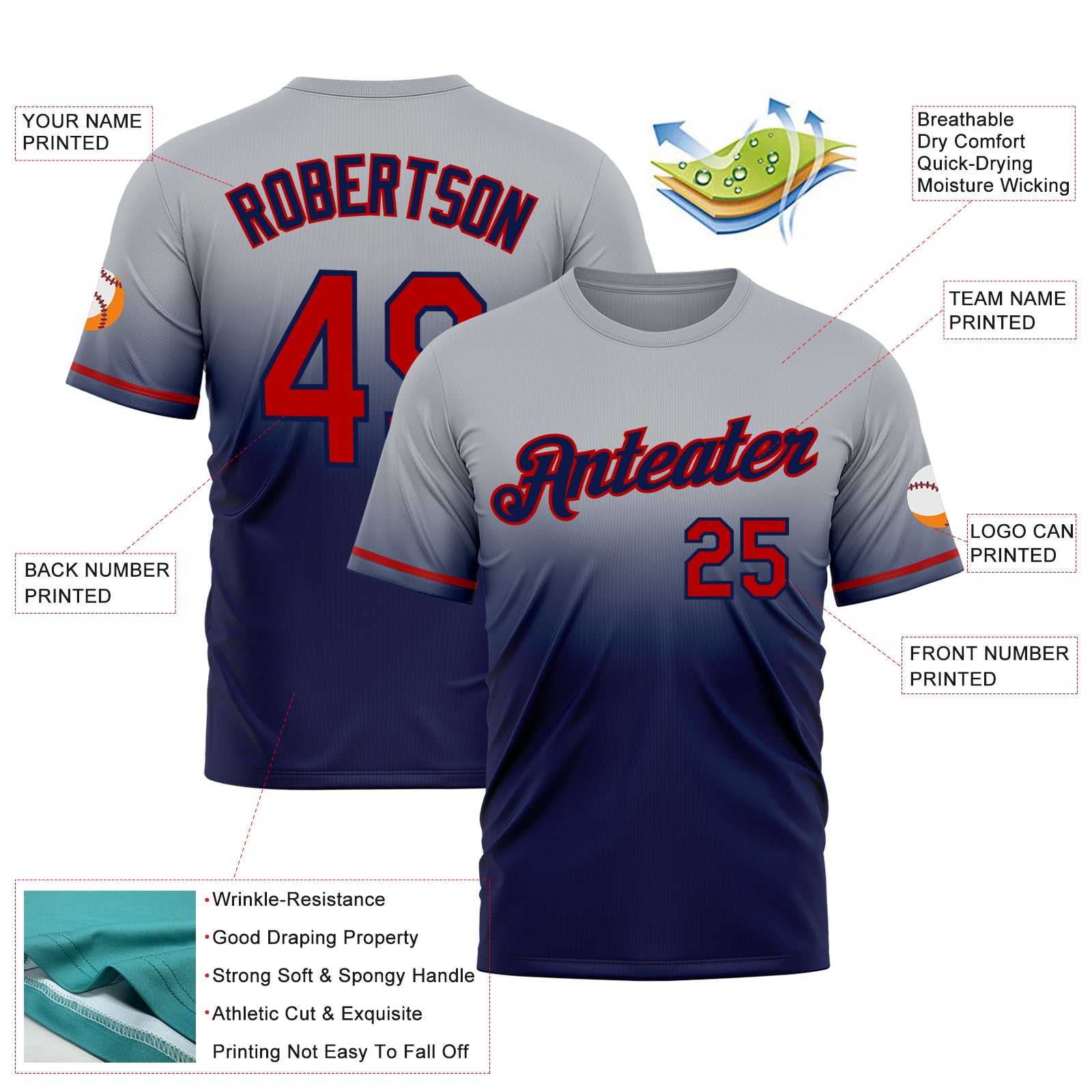 Custom Gray Red-Navy Fade Fashion Performance T-Shirt