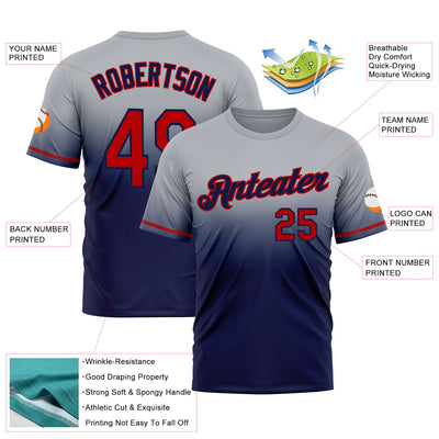 Custom Gray Red-Navy Fade Fashion Performance T-Shirt