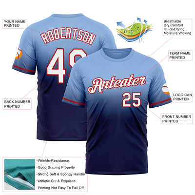 Custom Light Blue Navy-Red Fade Fashion Performance T-Shirt