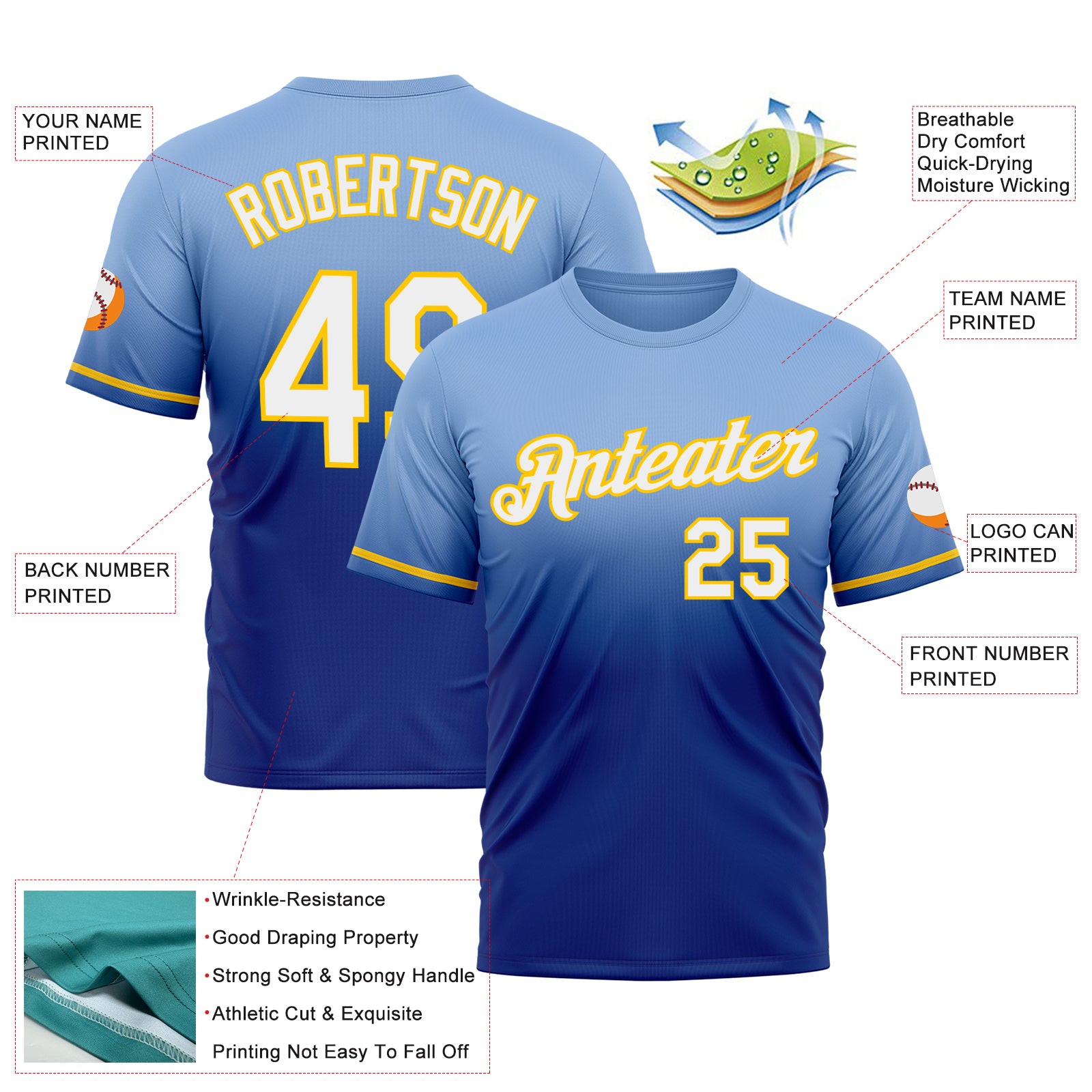 Custom Light Blue Royal-Yellow Fade Fashion Performance T-Shirt