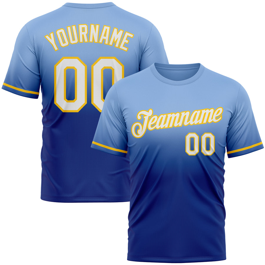 Custom Light Blue Royal-Yellow Fade Fashion Performance T-Shirt