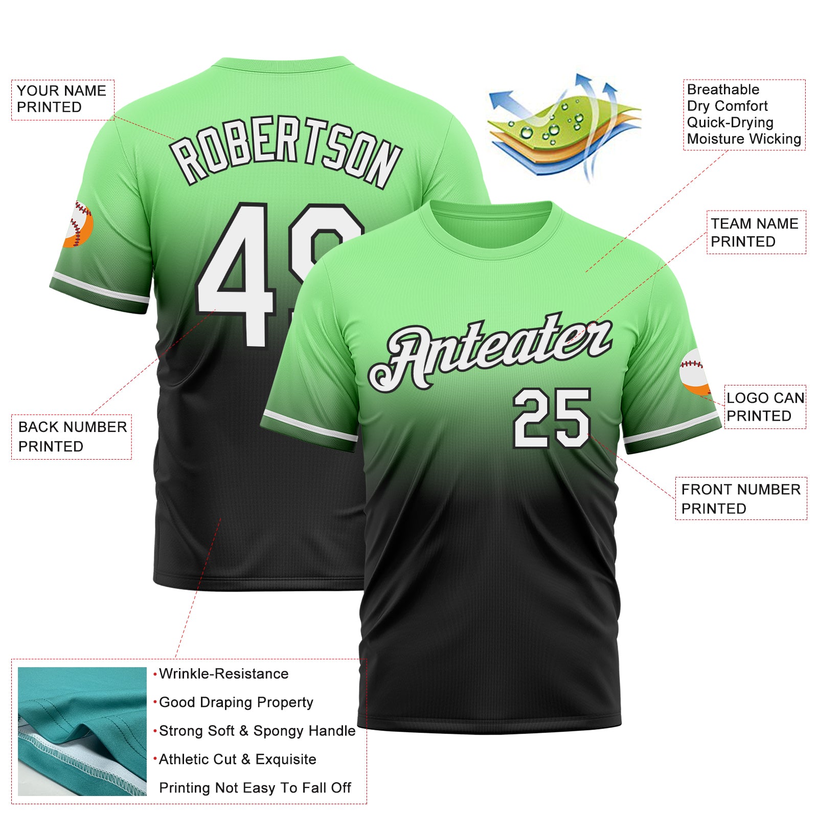 Custom Pea Green White-Black Fade Fashion Performance T-Shirt