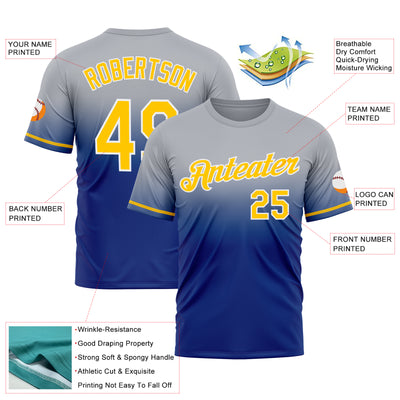 Custom Gray Yellow-Royal Fade Fashion Performance T-Shirt