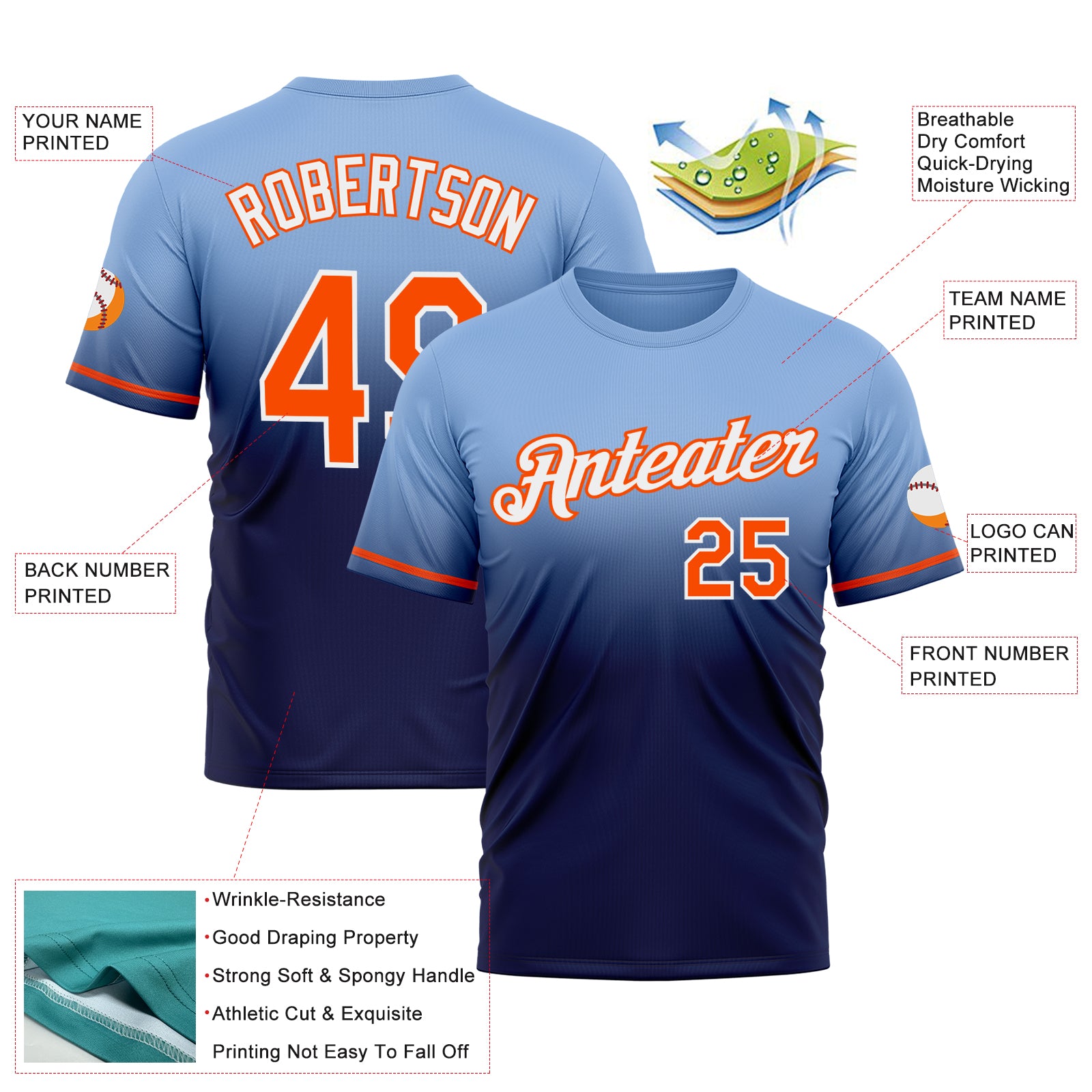 Custom Light Blue Orange-Navy Fade Fashion Performance T-Shirt