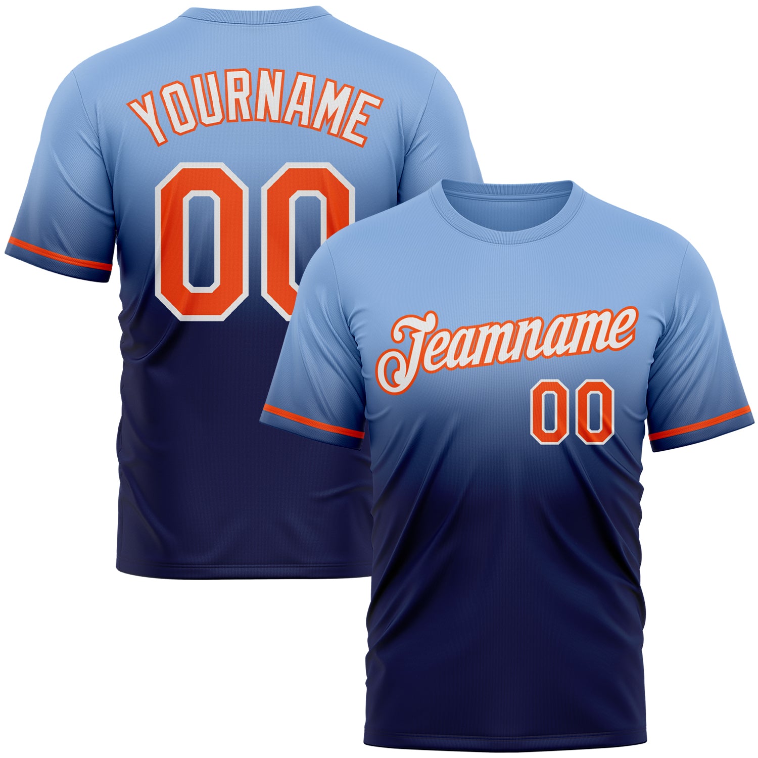 Custom Light Blue Orange-Navy Fade Fashion Performance T-Shirt