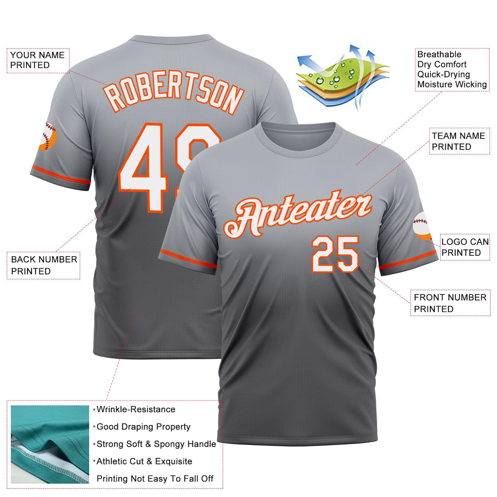 Custom Gray Steel Gray-Orange Fade Fashion Performance T-Shirt