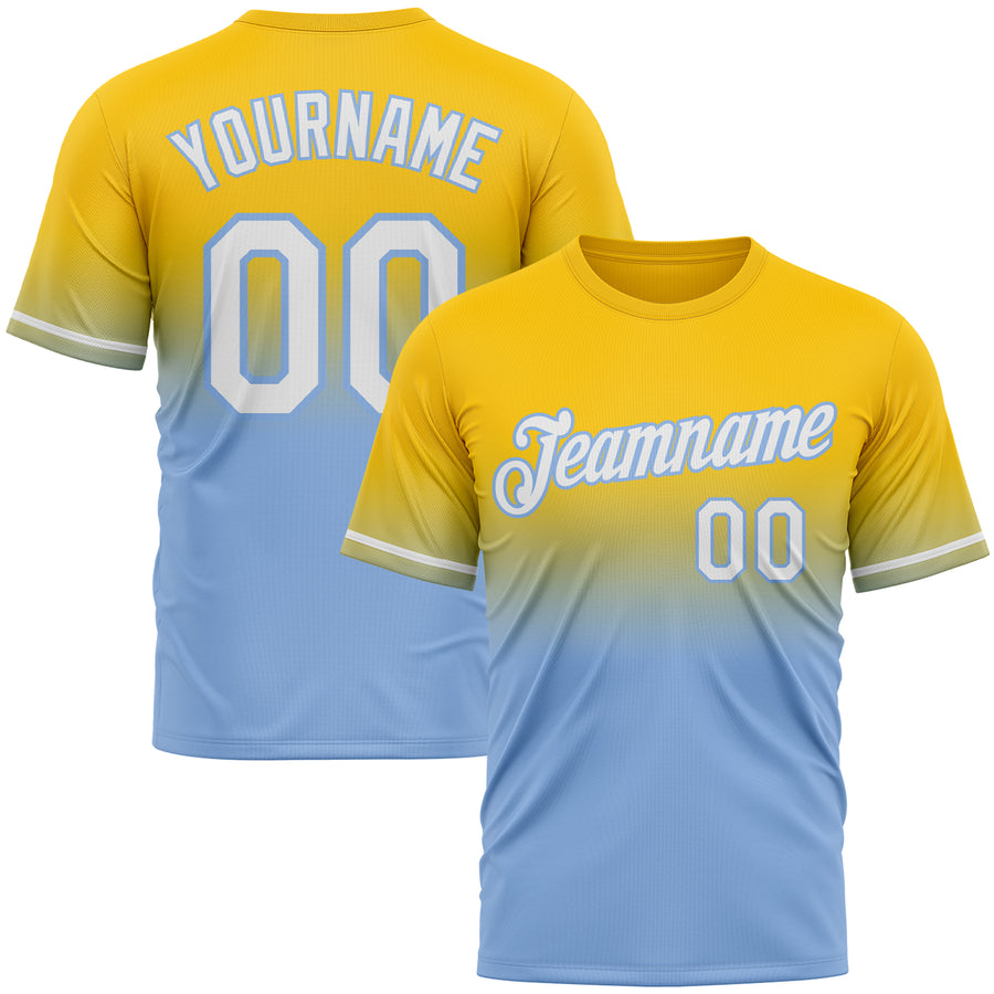 Custom Yellow White-Light Blue Fade Fashion Performance T-Shirt
